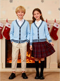 KS0017-LIGHT 100% Cotton Kids V-Neck Long sleeve Button Cardigan, Boys and Girls Knitwear, Light Blue, Size 120