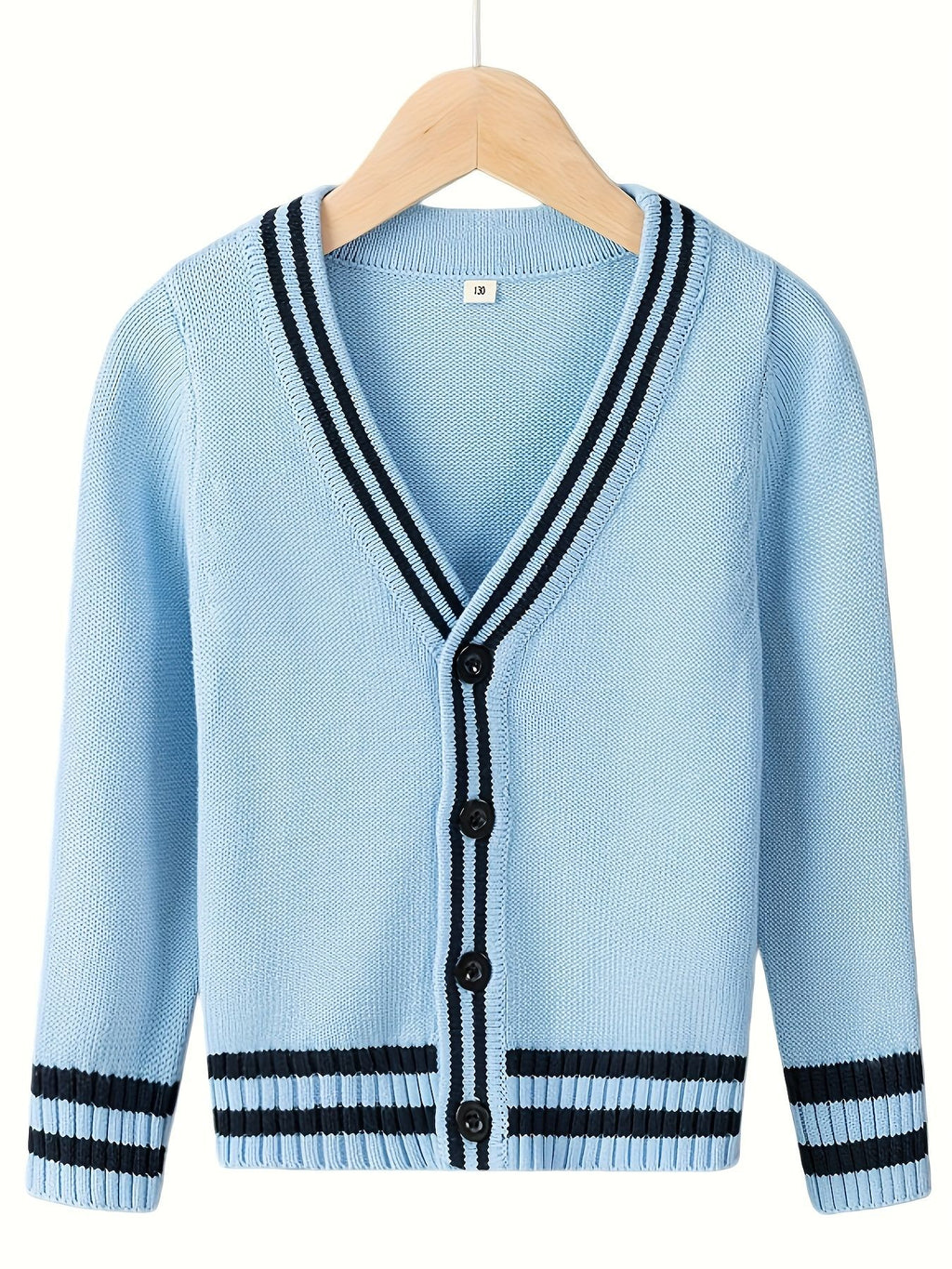 KS0017-LIGHT 100% Cotton Kids V-Neck Long sleeve Button Cardigan, Boys and Girls Knitwear, Light Blue, Size 150