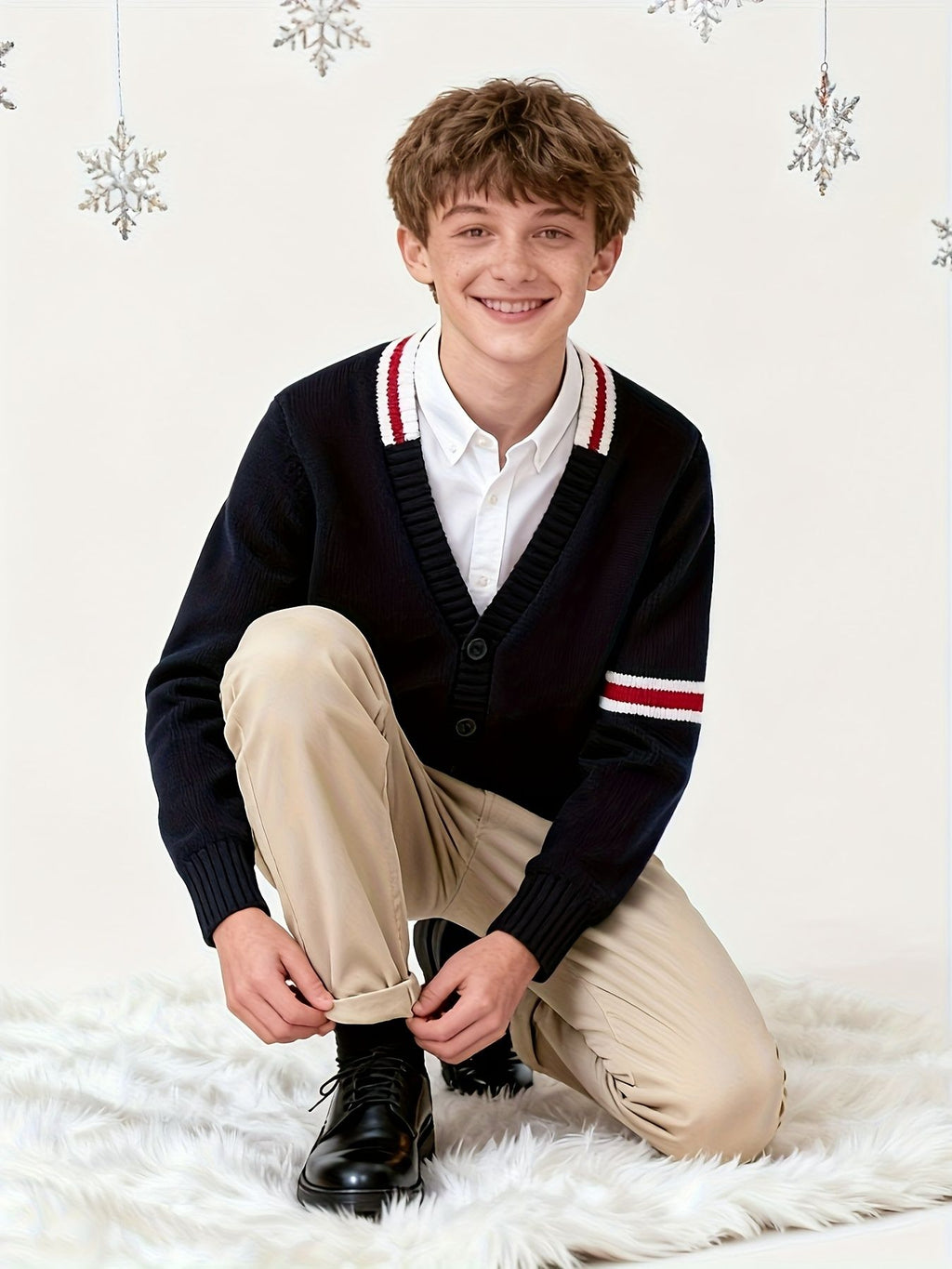 KS0019-NAVY 100% Cotton Kids V-Neck Long sleeve Button Cardigan, Boys and Girls Knitwear, Navy Blue, Size 120