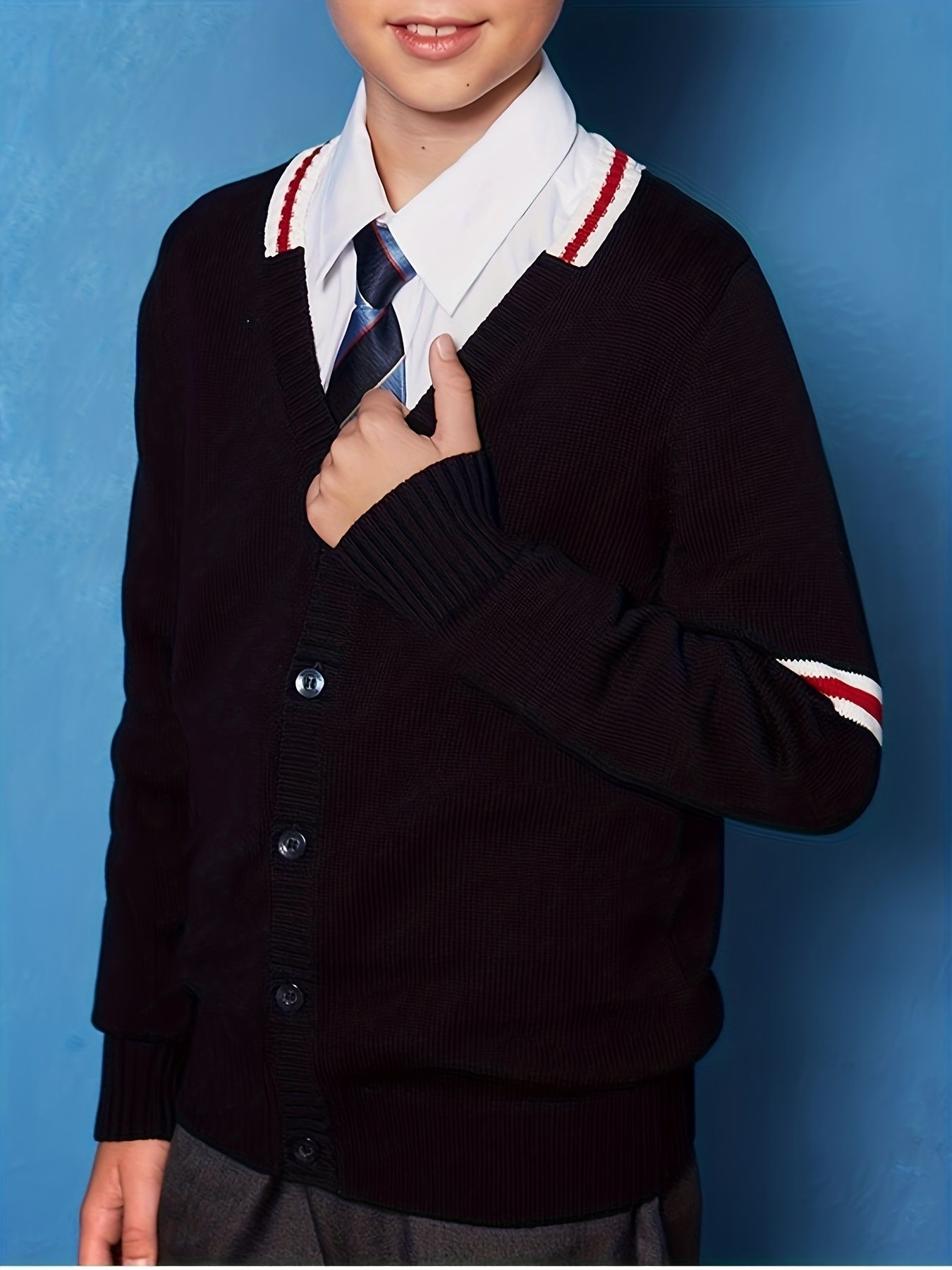 KS0019-NAVY 100% Cotton Kids V-Neck Long sleeve Button Cardigan, Boys and Girls Knitwear, Navy Blue, Size 130