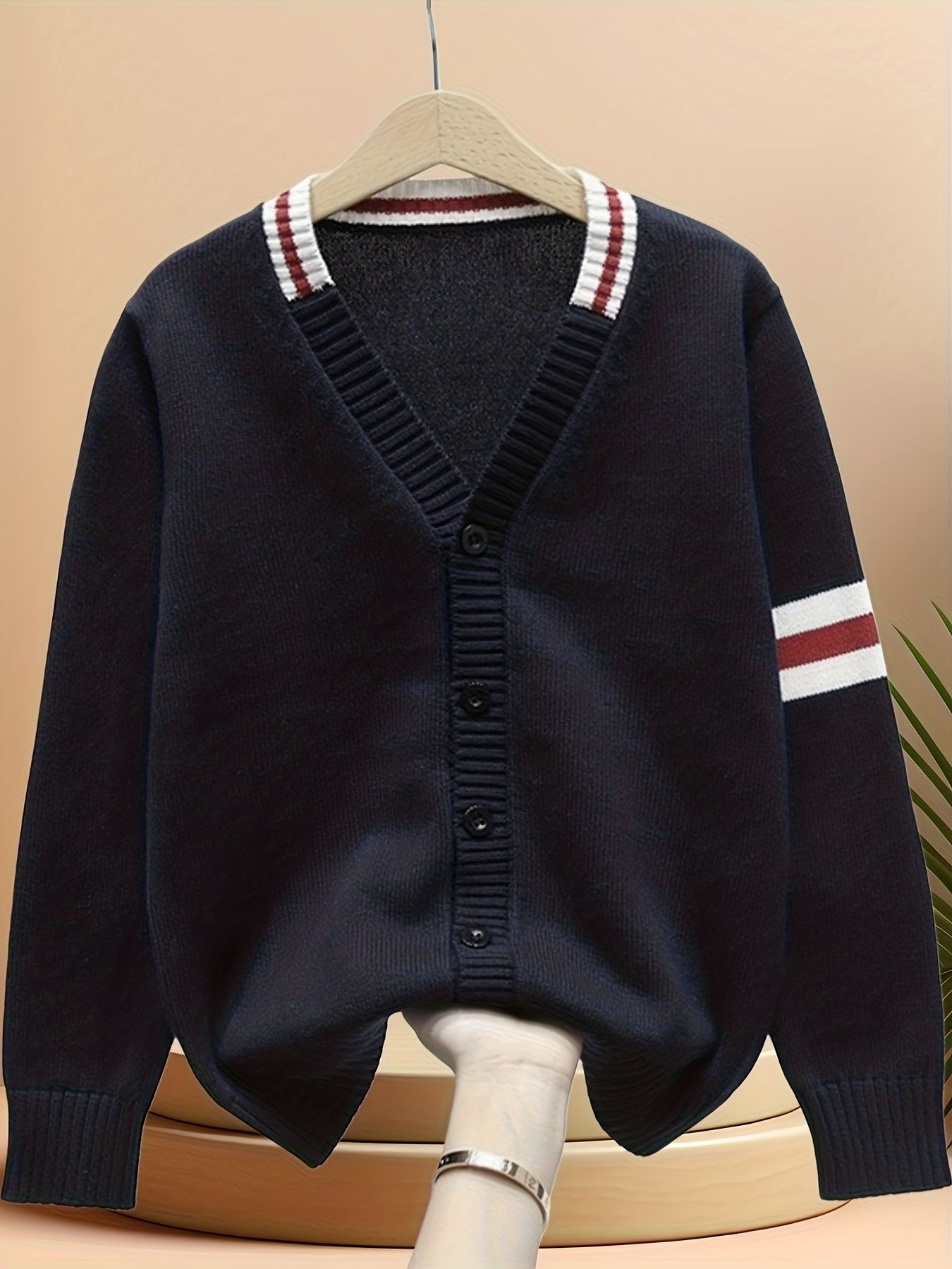 KS0019-NAVY 100% Cotton Kids V-Neck Long sleeve Button Cardigan, Boys and Girls Knitwear, Navy Blue, Size 160