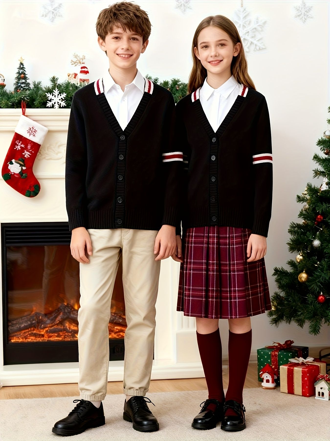 KS0019-NAVY 100% Cotton Kids V-Neck Long sleeve Button Cardigan, Boys and Girls Knitwear, Navy Blue, Size 165