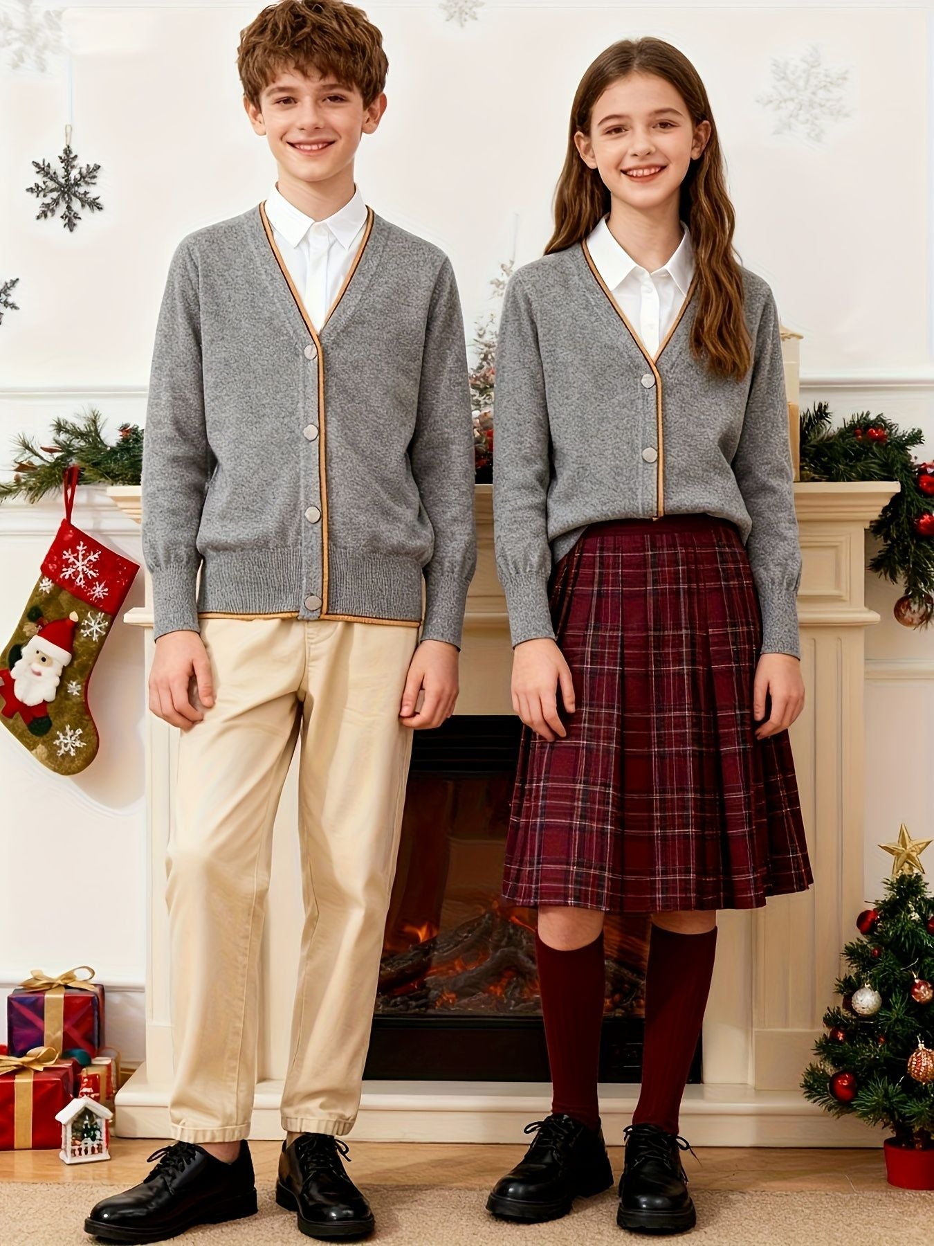 KS0022-DARK 100% Cotton Kids V-Neck Long sleeve Button Cardigan, Boys and Girls School Uniform Knitwear, Dark Grey, Size 130
