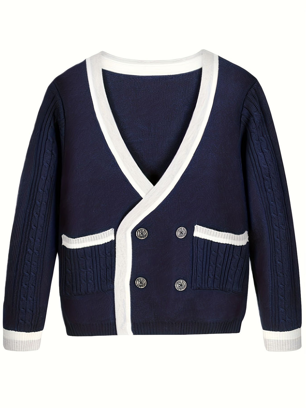 KS0025-NAVY Cotton Rich Kids V-Neck Long sleeve Button Cardigan, Boys and Girls School Uniform Knitwear, Navy Blue, Size 110