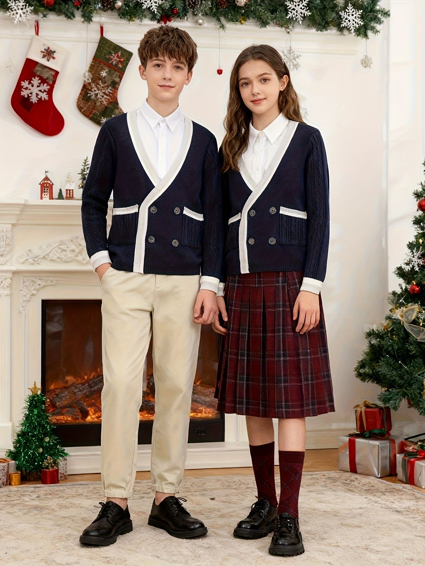 KS0025-NAVY Cotton Rich Kids V-Neck Long sleeve Button Cardigan, Boys and Girls School Uniform Knitwear, Navy Blue, Size 140