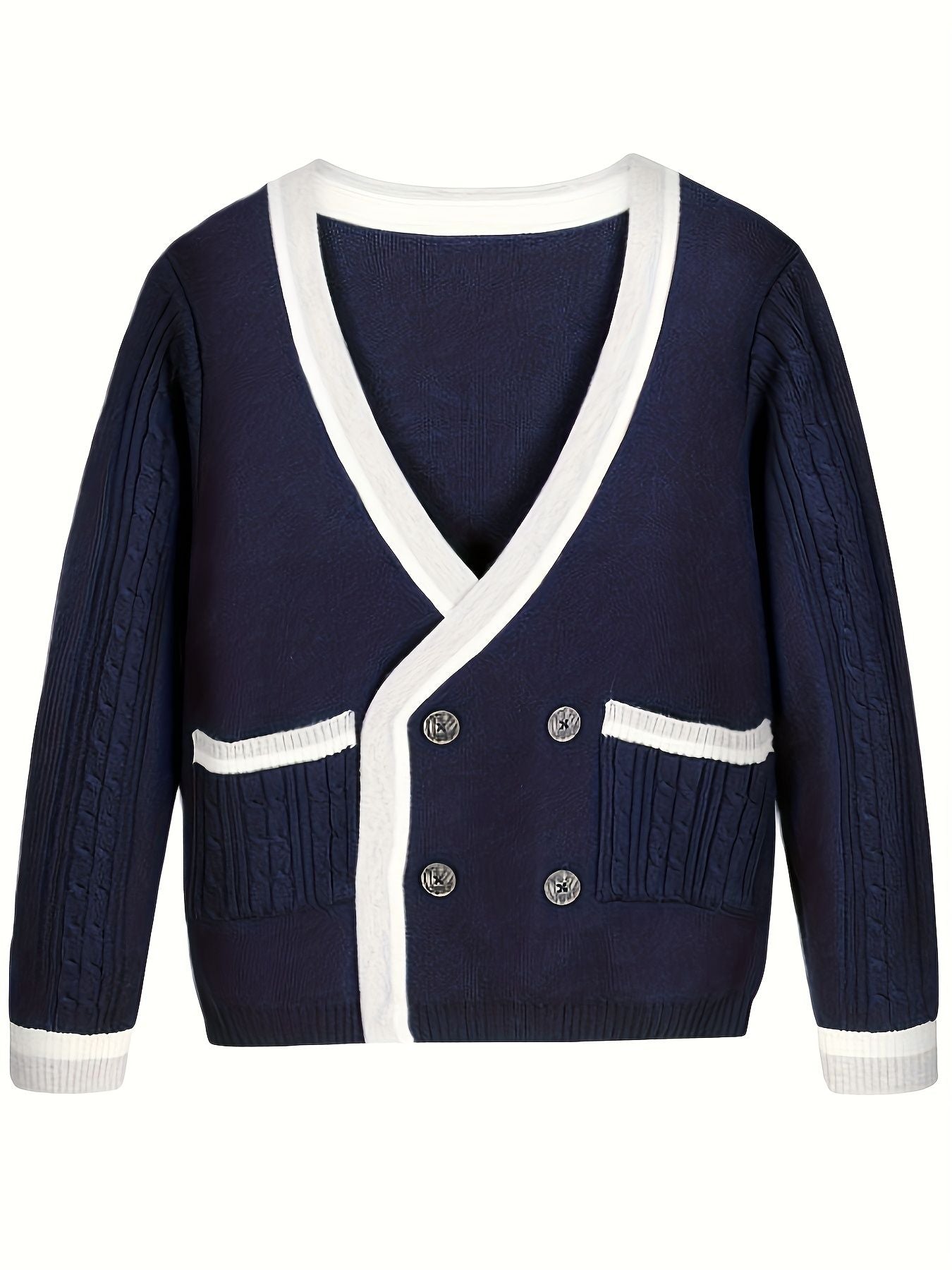 KS0025-NAVY Cotton Rich Kids V-Neck Long sleeve Button Cardigan, Boys and Girls School Uniform Knitwear, Navy Blue, Size 160