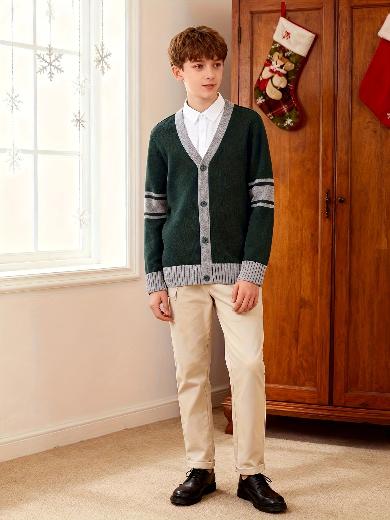 KS0034-DARK 100% Cotton Kids V-Neck Long sleeve Button Cardigan, Boys and Girls Knitwear, Dark Green, Size 110