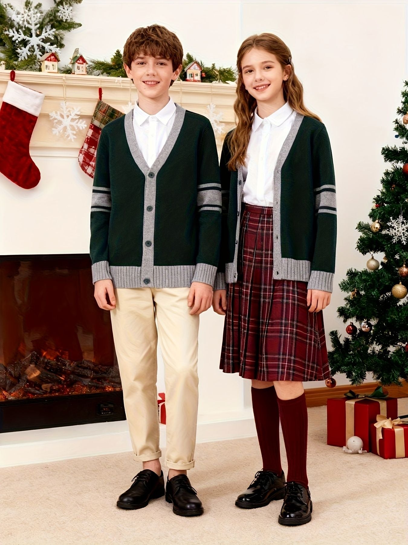 KS0034-DARK 100% Cotton Kids V-Neck Long sleeve Button Cardigan, Boys and Girls Knitwear, Dark Green, Size 165