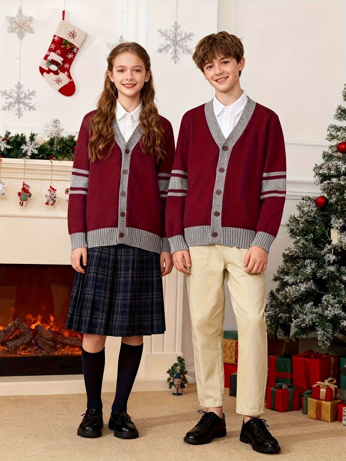 KS0034-WINE 100% Cotton Kids V-Neck Long sleeve Button Cardigan, Boys and Girls Knitwear, Wine Red, Size 110