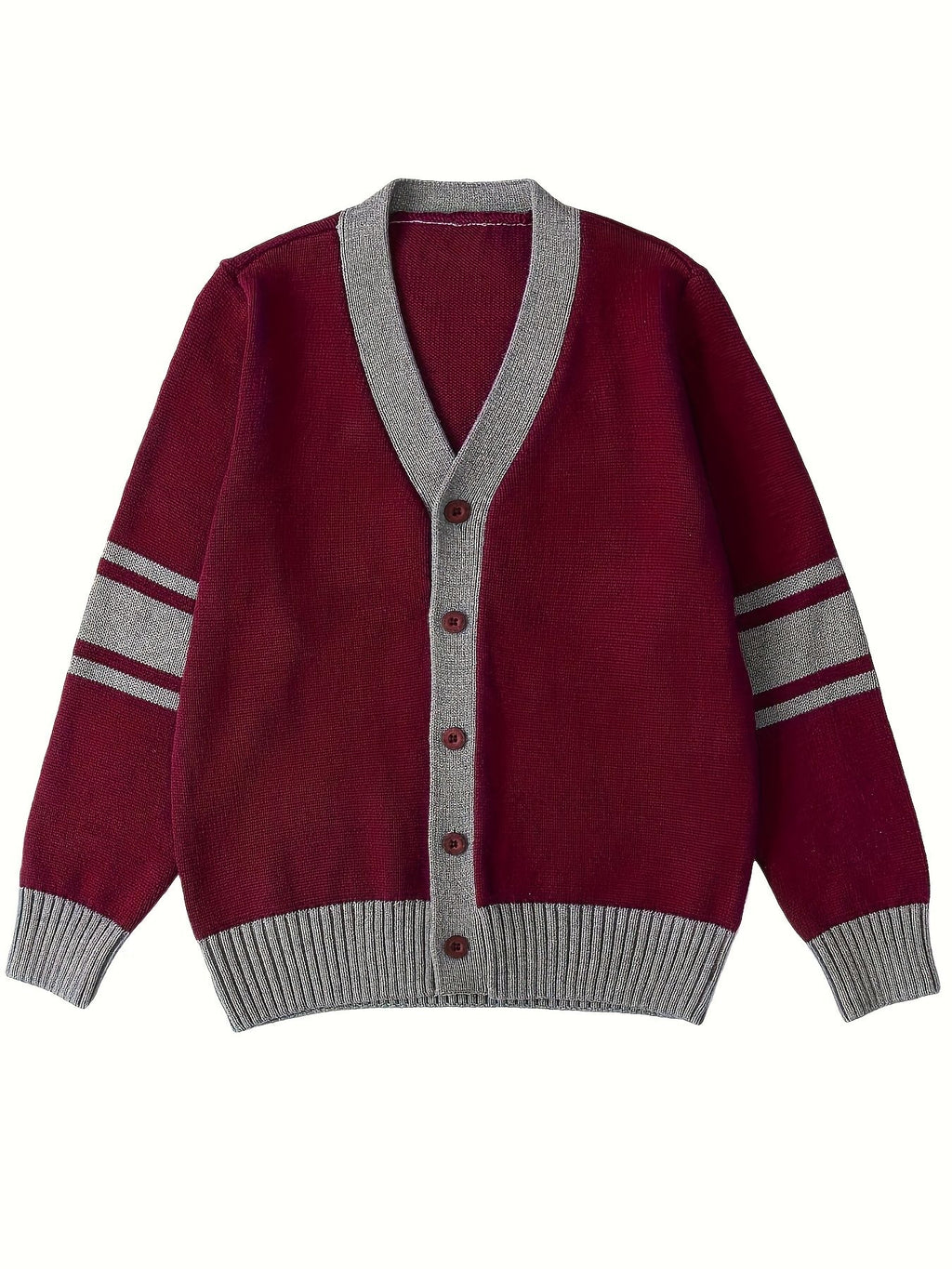 KS0034-WINE 100% Cotton Kids V-Neck Long sleeve Button Cardigan, Boys and Girls Knitwear, Wine Red, Size 130