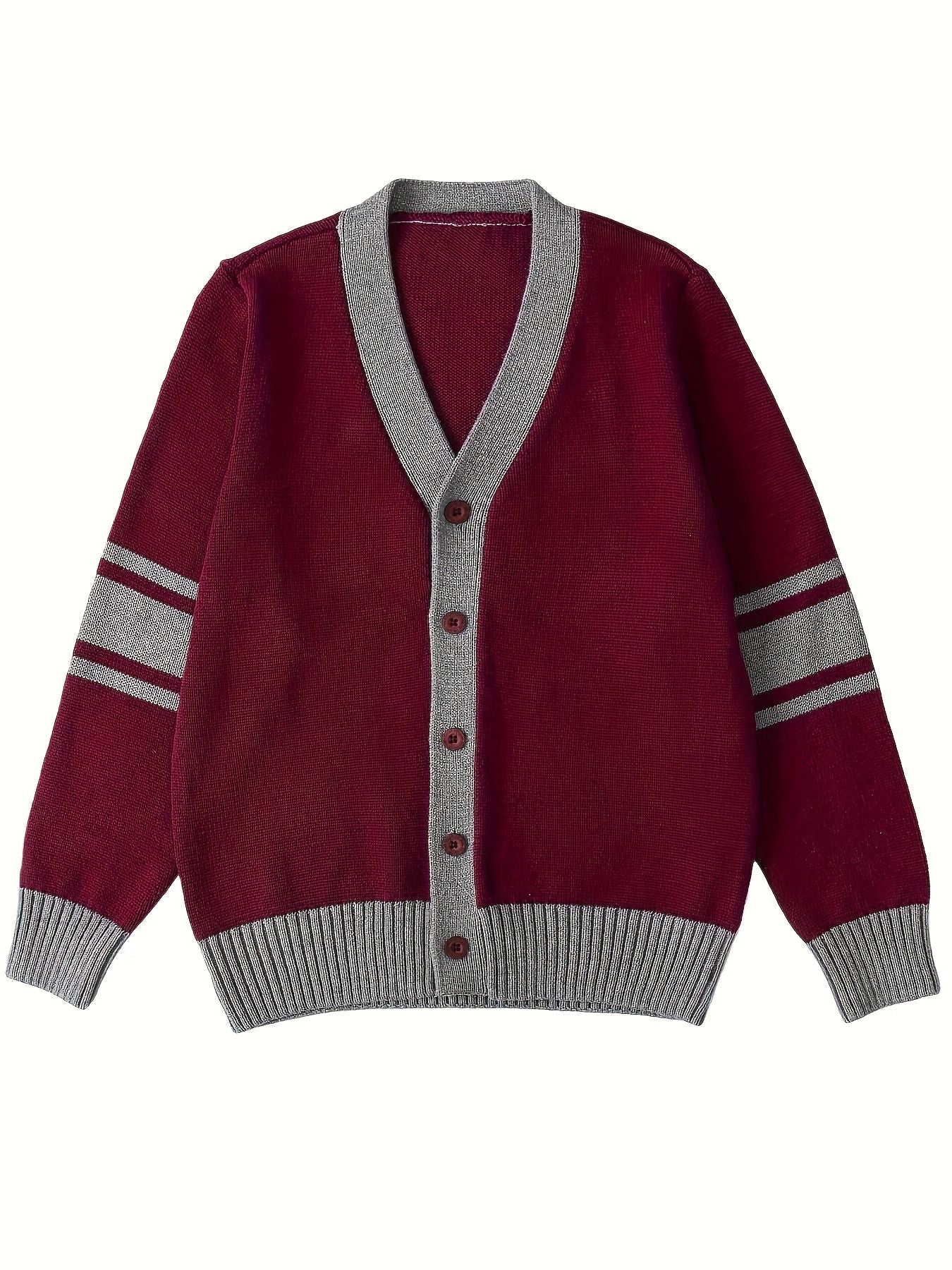 KS0034-WINE 100% Cotton Kids V-Neck Long sleeve Button Cardigan, Boys and Girls Knitwear, Wine Red, Size 150