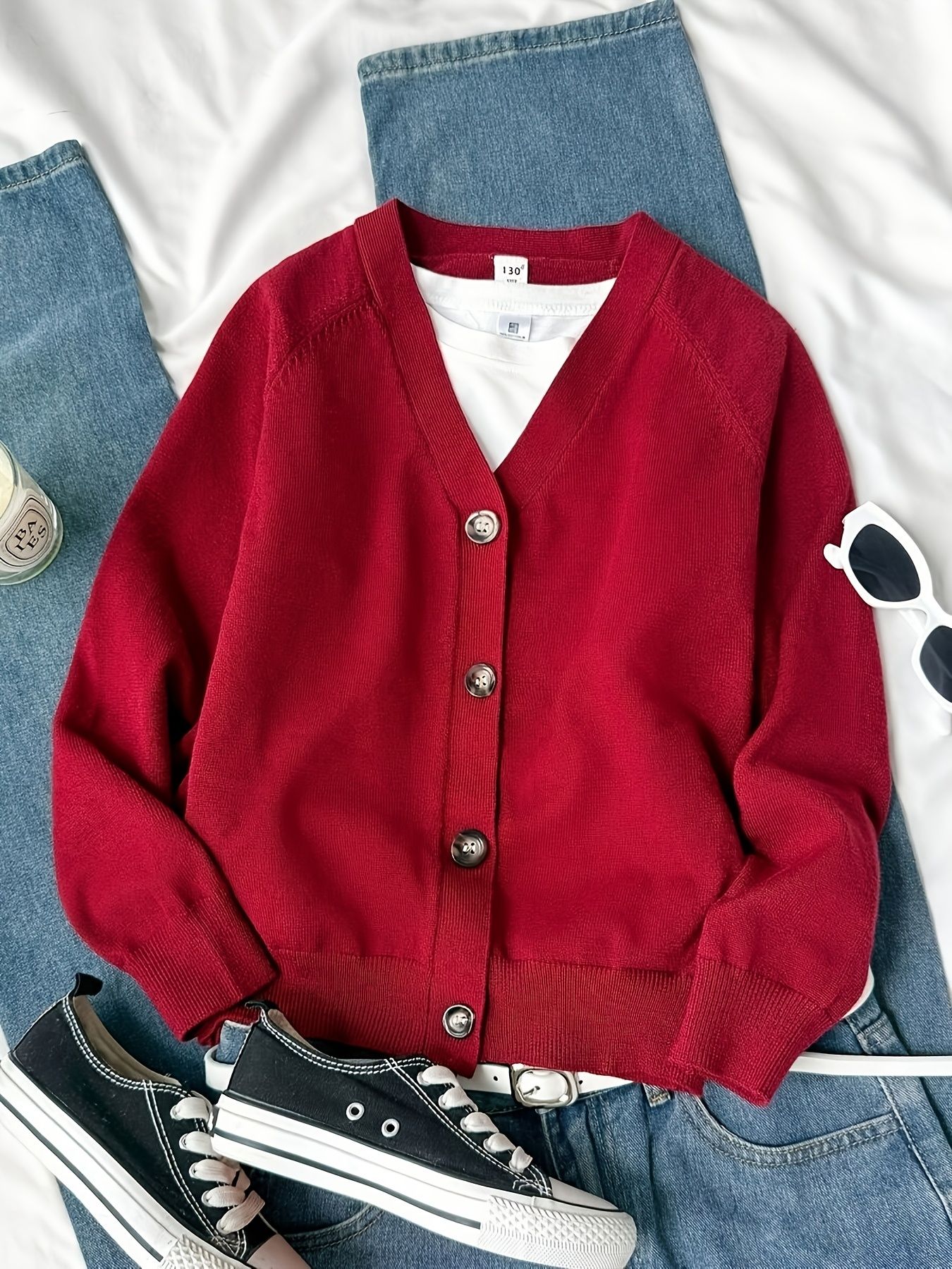 KS0036-WINE Soft Knit Blend Kids V-Neck Long sleeve Button Cardigan, Boys and Girls Knitwear, Wine Red, Size 130