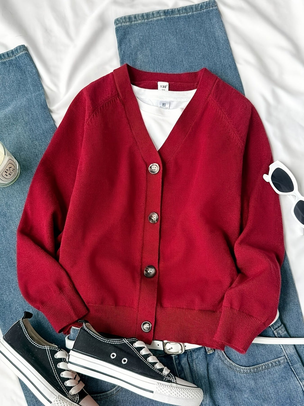 KS0036-WINE Soft Knit Blend Kids V-Neck Long sleeve Button Cardigan, Boys and Girls Knitwear, Wine Red, Size 150
