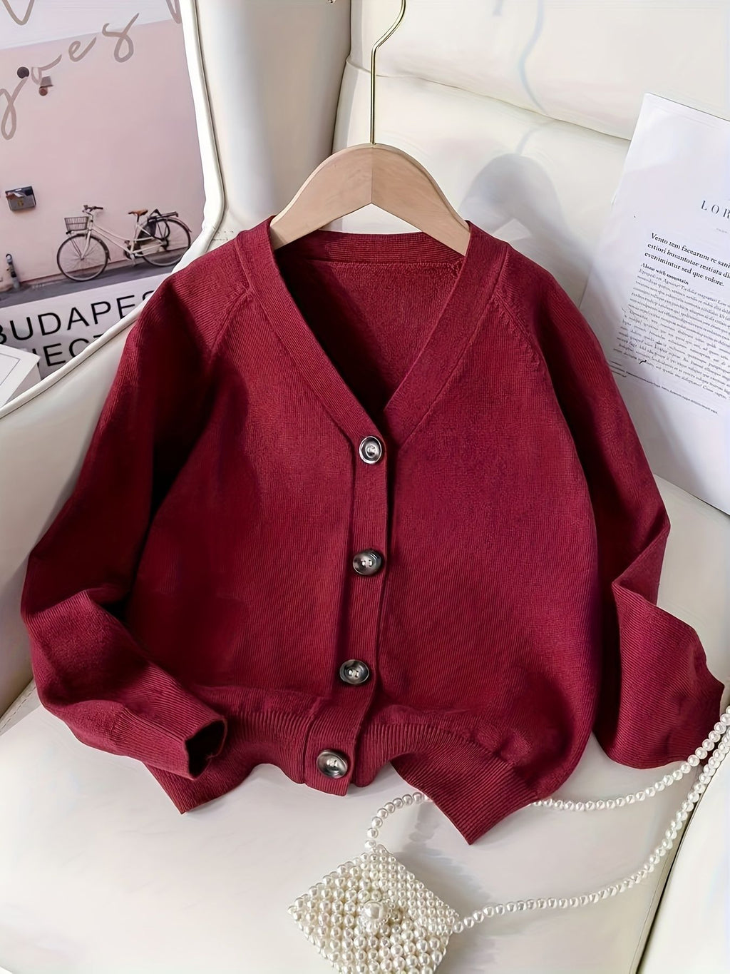KS0036-WINE Soft Knit Blend Kids V-Neck Long sleeve Button Cardigan, Boys and Girls Knitwear, Wine Red, Size 150