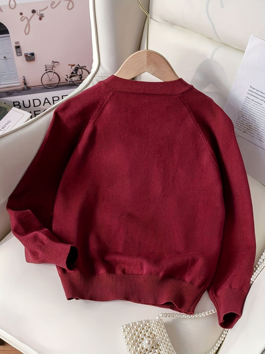 KS0036-WINE Soft Knit Blend Kids V-Neck Long sleeve Button Cardigan, Boys and Girls Knitwear, Wine Red, Size 160