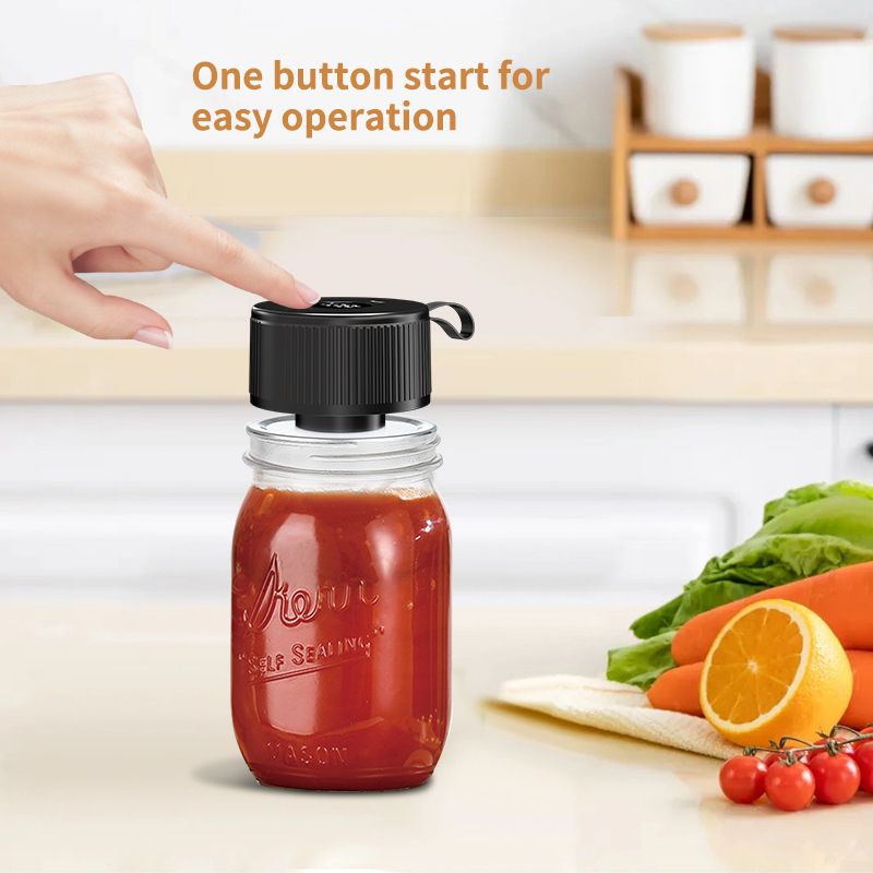 Portable Mason Jar Vacuum Sealer Black, Rechargeable Electric Jar Sealer with LED Display, One-Touch Operation, Type-C Charging, for Mason Jars, Vacuum Bags & Lunch Boxes