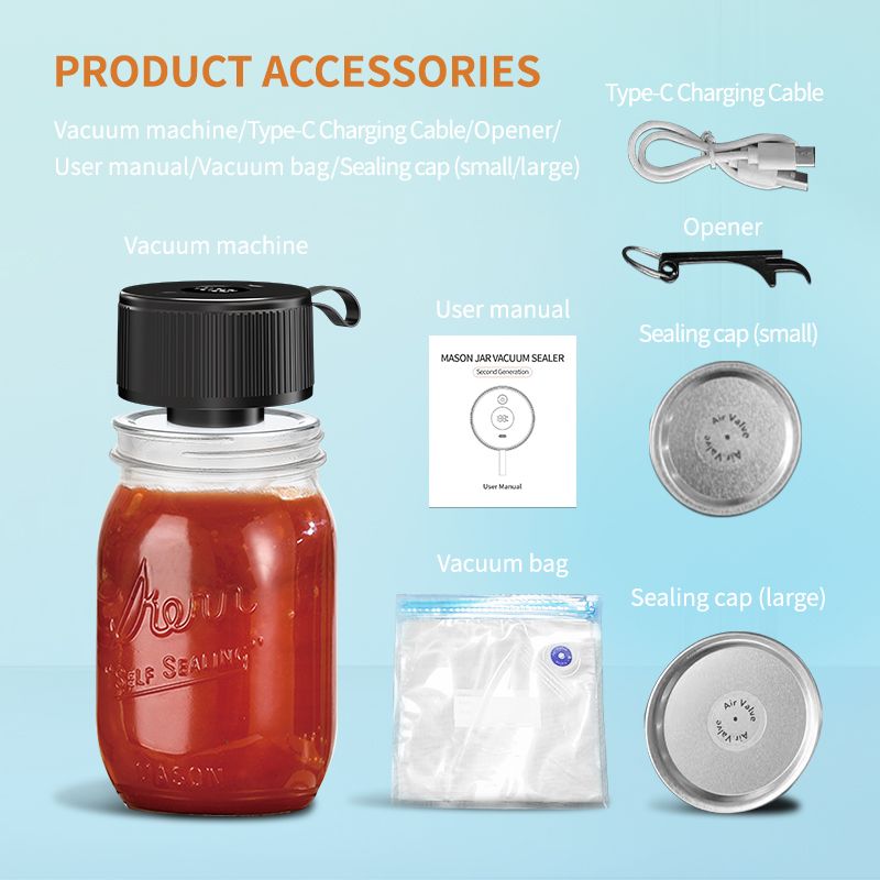 Portable Mason Jar Vacuum Sealer Black, Rechargeable Electric Jar Sealer with LED Display, One-Touch Operation, Type-C Charging, for Mason Jars, Vacuum Bags & Lunch Boxes