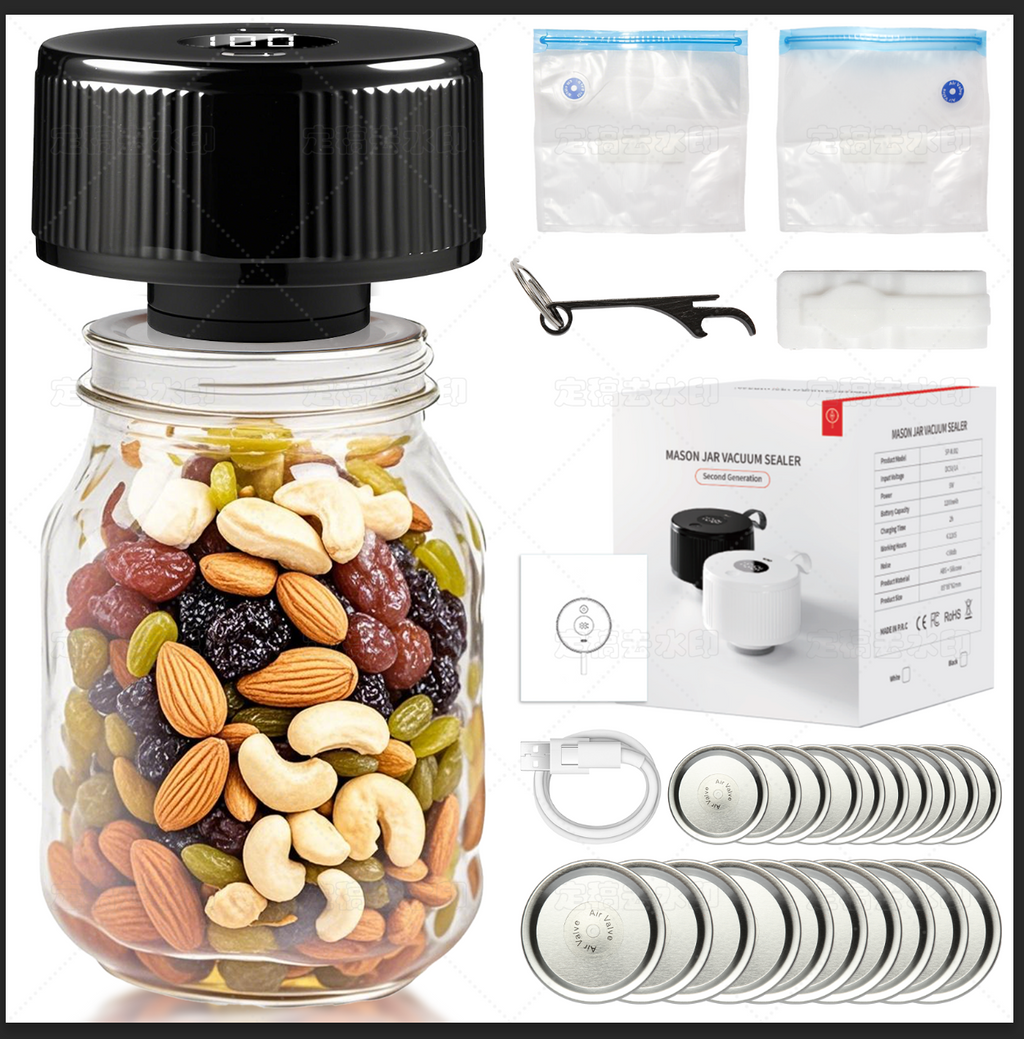 Portable Mason Jar Vacuum Sealer White, Rechargeable Electric Jar Sealer with LED Display, One-Touch Operation, Type-C Charging, for Mason Jars, Vacuum Bags & Lunch Boxes