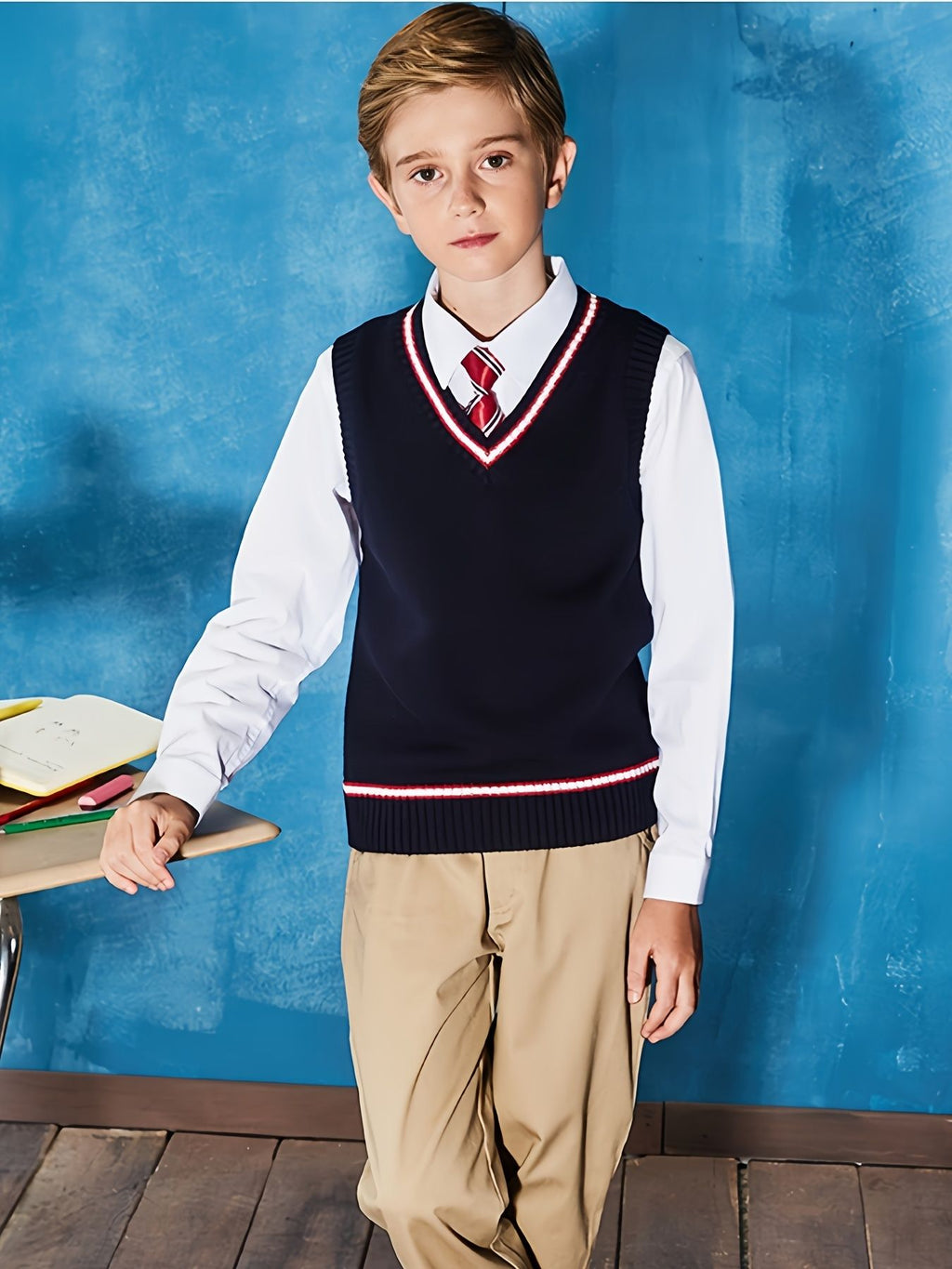 SW003-SG 100% Cotton Kids V-Neck Striped Sweater Vest, Boys and Girls School Uniform Knitwear, Sg, Size 120