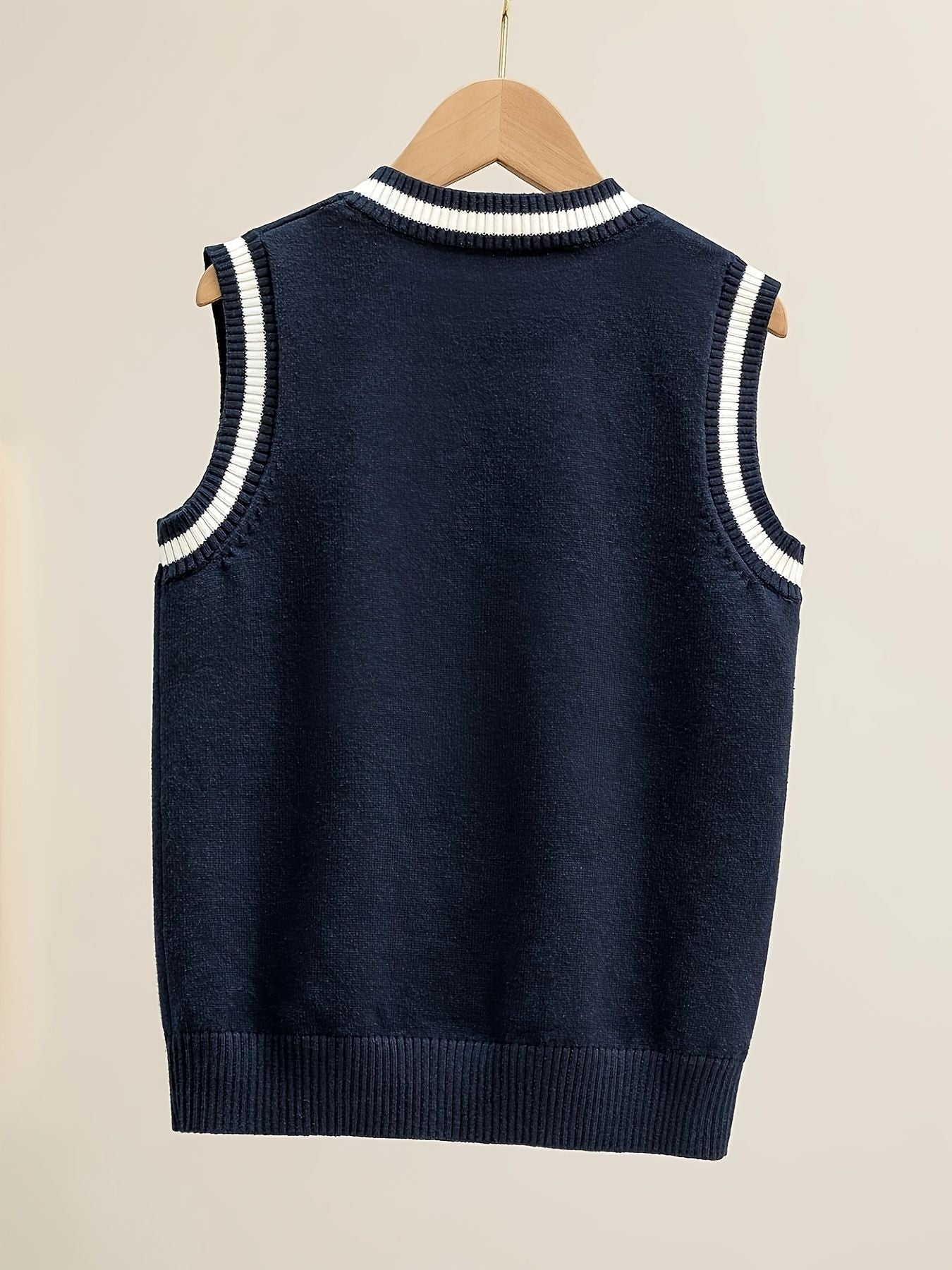 SW004 100% Cotton Kids V-Neck Striped Sweater Vest, Boys and Girls School Uniform Knitwear, Navy Blue, Size 120