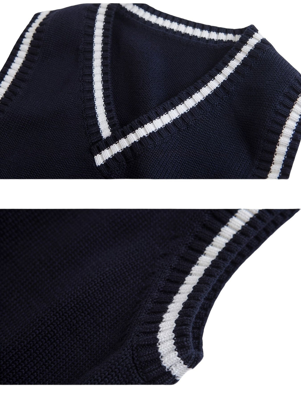 SW004 100% Cotton Kids V-Neck Striped Sweater Vest, Boys and Girls School Uniform Knitwear, Navy Blue, Size 120