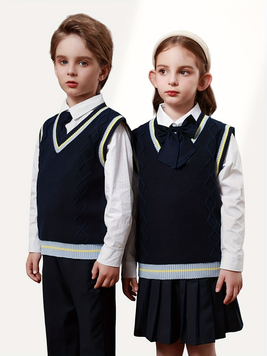 SW005 Cotton Rich Kids V-Neck Argyle Sweater Vest, Boys and Girls Knitwear, Navy Blue, Size 120