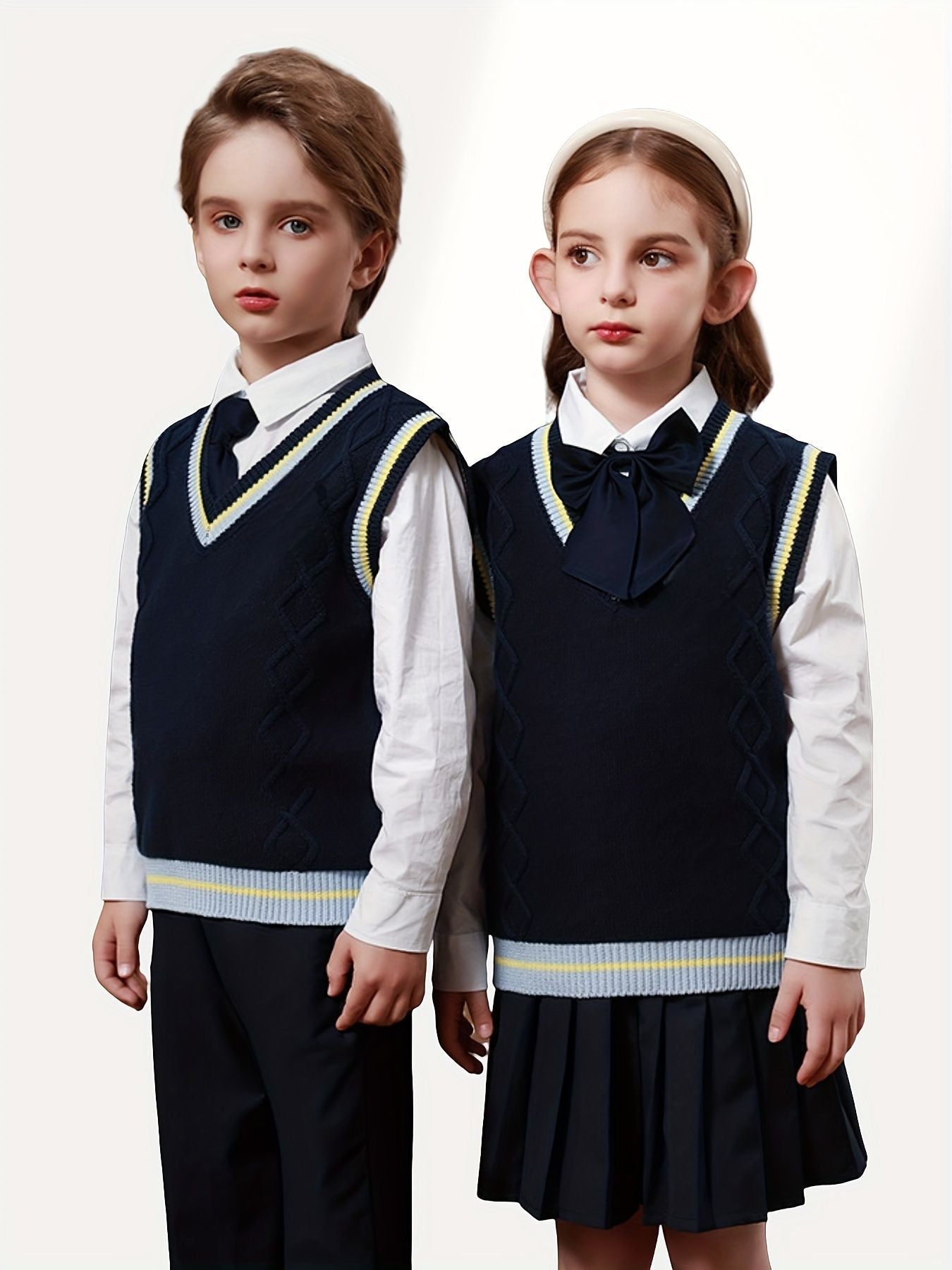 SW005 Cotton Rich Kids V-Neck Argyle Sweater Vest, Boys and Girls Knitwear, Navy Blue, Size 120
