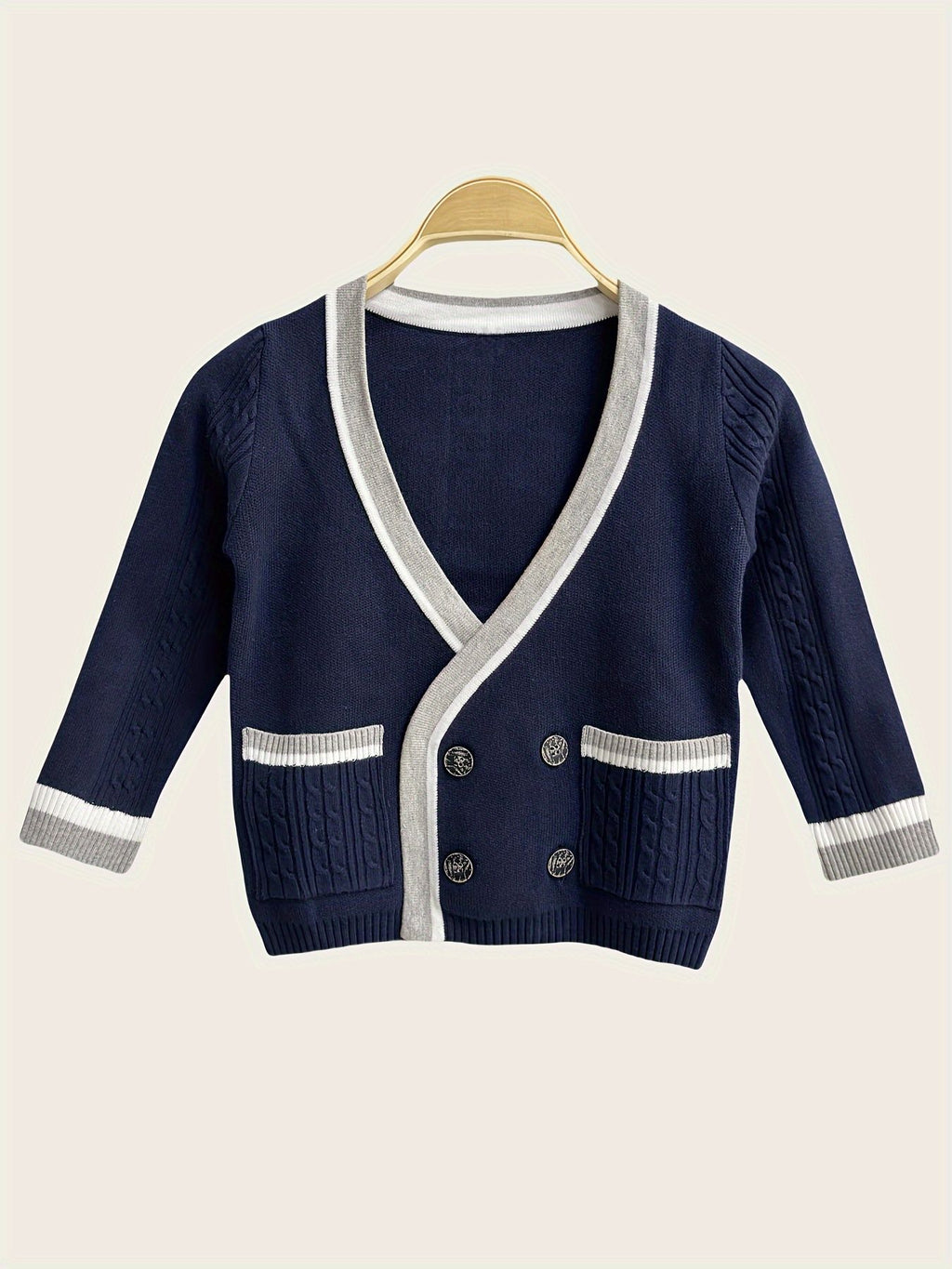 SW015 Cotton Rich Kids V-Neck Long sleeve Button Cardigan, Boys and Girls School Uniform Knitwear, Navy Blue, Size 120