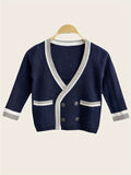 SW015 Cotton Rich Kids V-Neck Long sleeve Button Cardigan, Boys and Girls School Uniform Knitwear, Navy Blue, Size 120