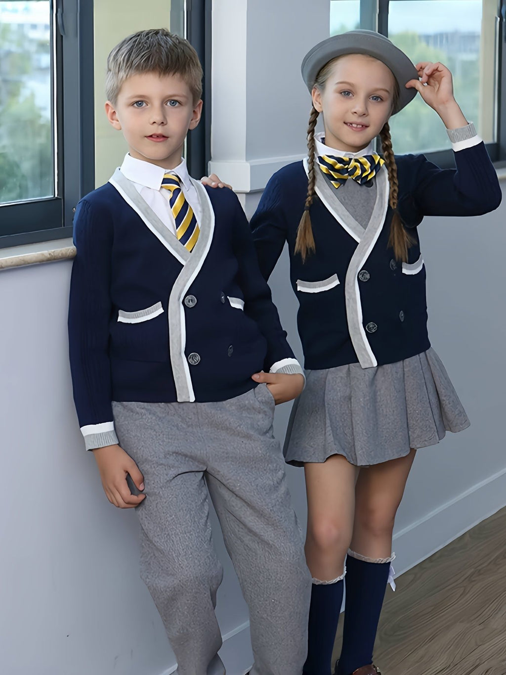 SW015 Cotton Rich Kids V-Neck Long sleeve Button Cardigan, Boys and Girls School Uniform Knitwear, Navy Blue, Size 120