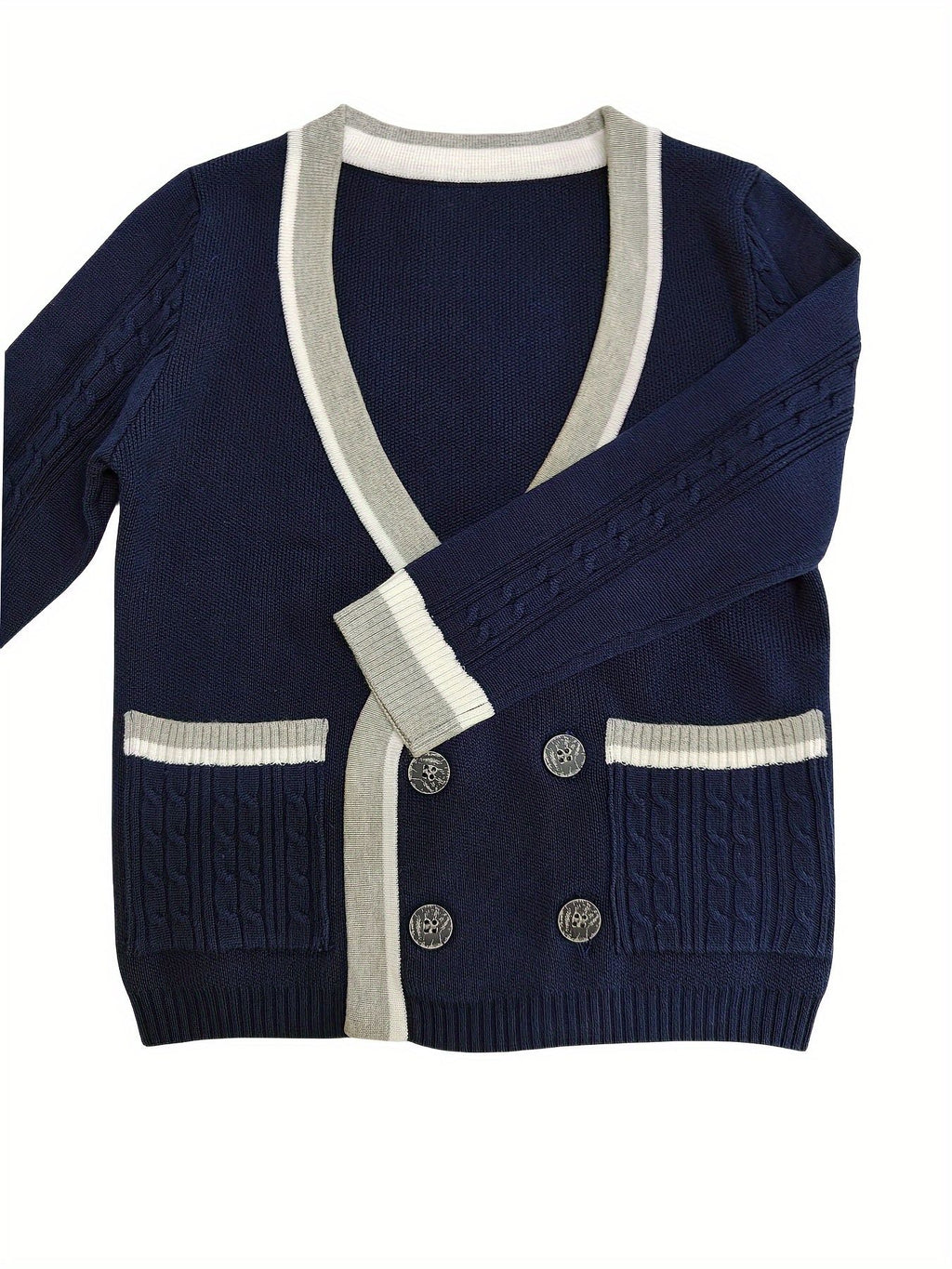 SW015 Cotton Rich Kids V-Neck Long sleeve Button Cardigan, Boys and Girls School Uniform Knitwear, Navy Blue, Size 120