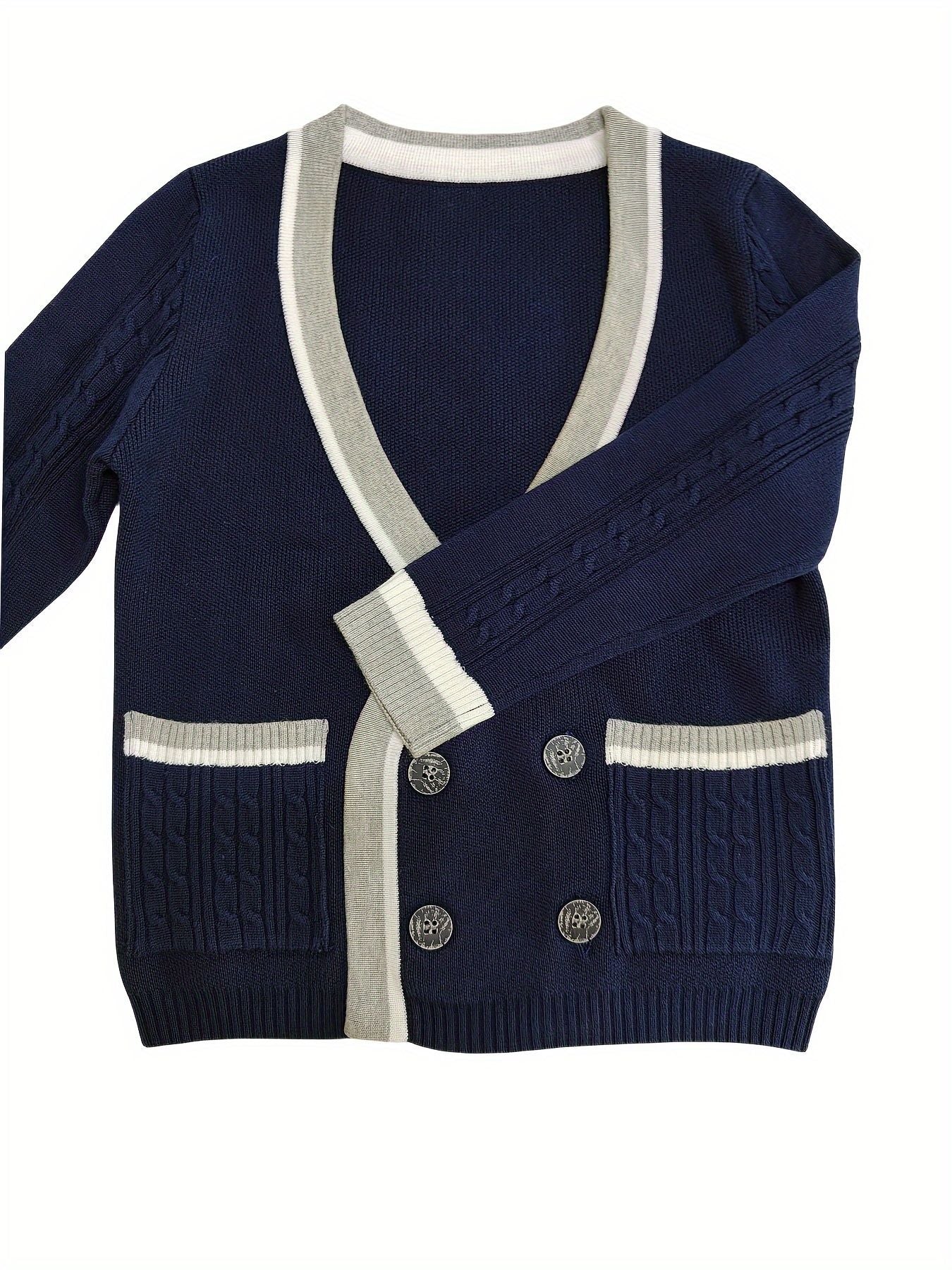 SW015 Cotton Rich Kids V-Neck Long sleeve Button Cardigan, Boys and Girls School Uniform Knitwear, Navy Blue, Size 120
