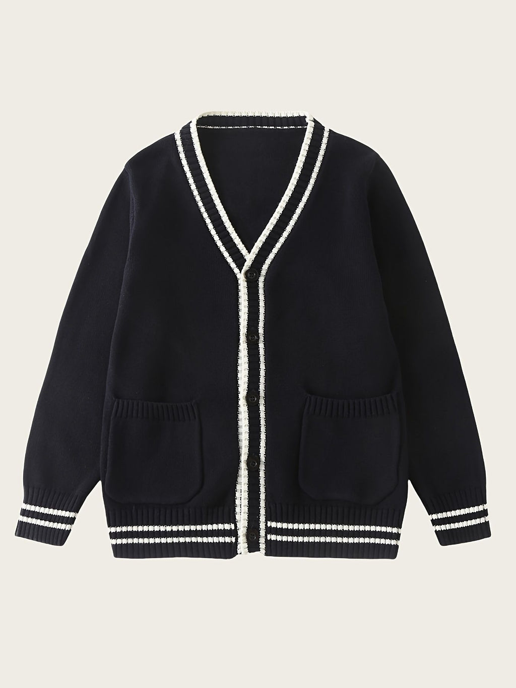 SW019 100% Cotton Kids V-Neck Long sleeve Button Cardigan, Boys and Girls School Uniform Knitwear, Navy Blue, Size 120