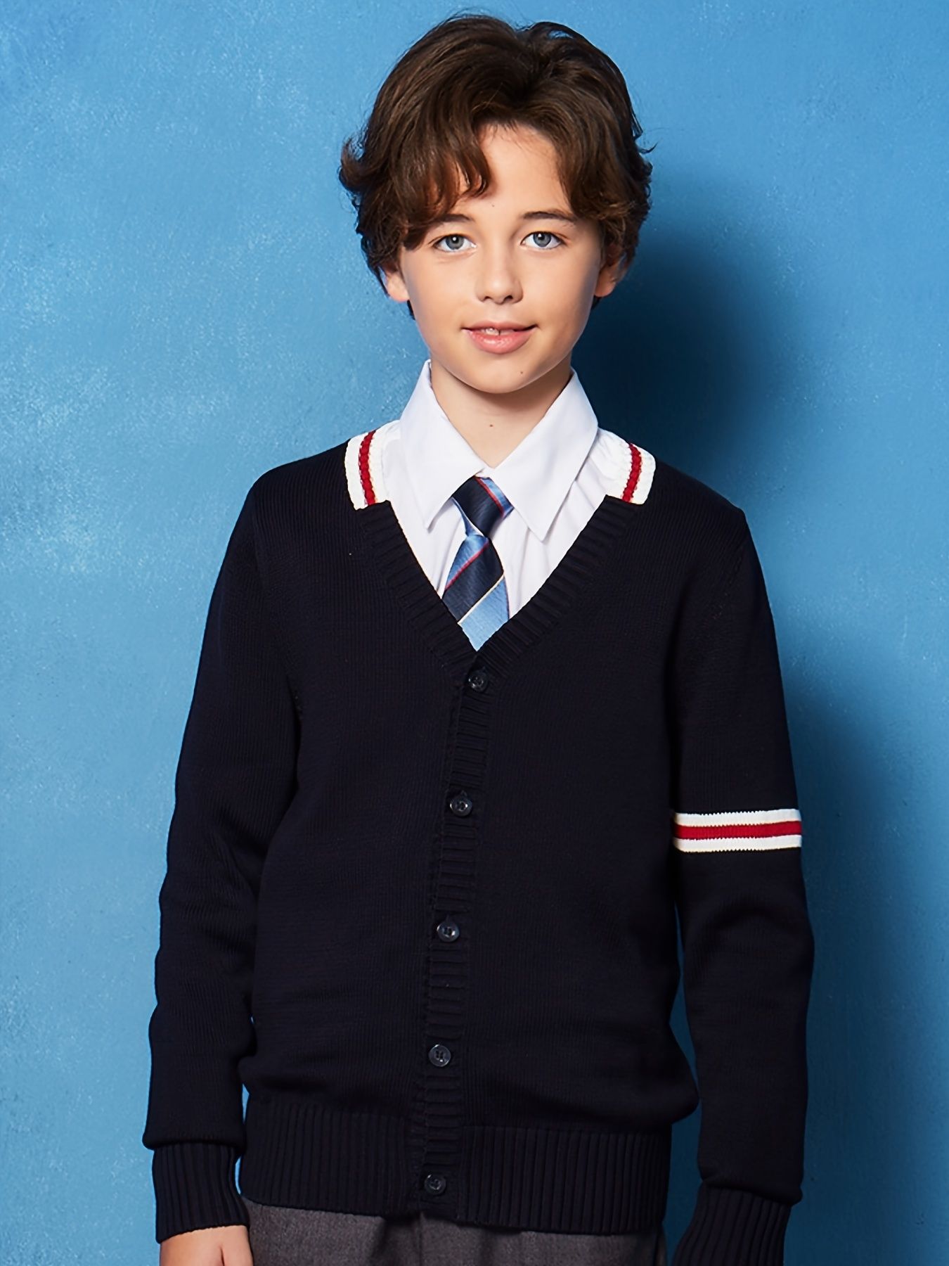 SW022-GR 100% Cotton Kids V-Neck Long sleeve Button Cardigan, Boys and Girls School Uniform Knitwear, Gr, Size 110
