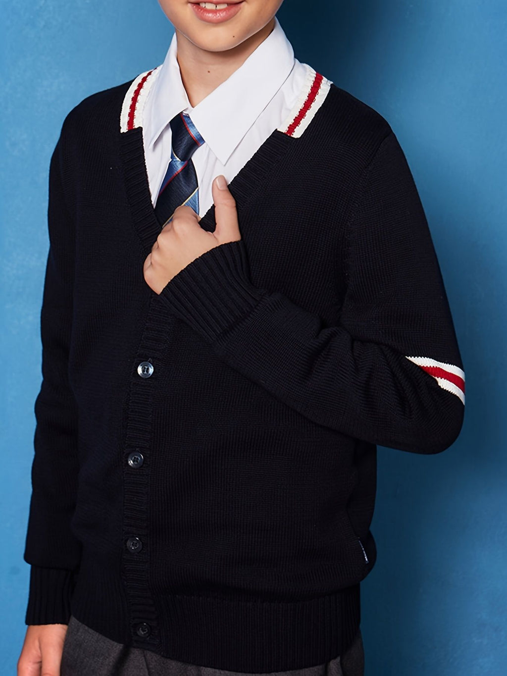 SW022-GR 100% Cotton Kids V-Neck Long sleeve Button Cardigan, Boys and Girls School Uniform Knitwear, Gr, Size 110