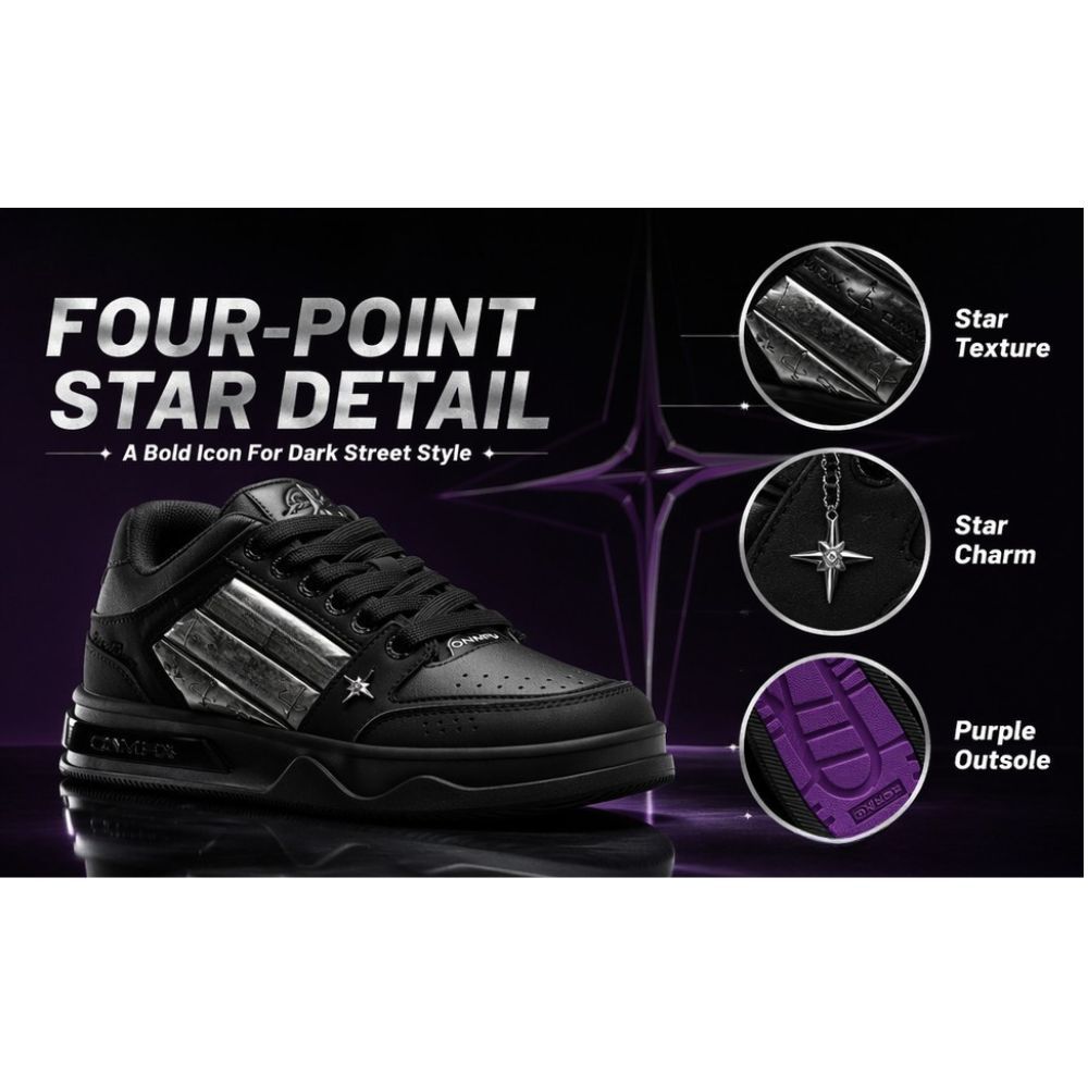Black Metal Star Skate Shoes for Men Women, Black Purple Contrast Sole Platform Sneakers, Vintage Streetwear Mid Top Casual Walking Shoes AU Women Size 7