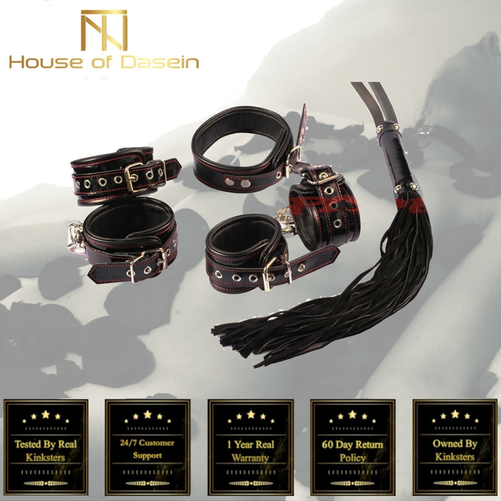 House Of Dasein Real Leather Bondage Kit Cuffs Restraints Collar Flogger Bdsm