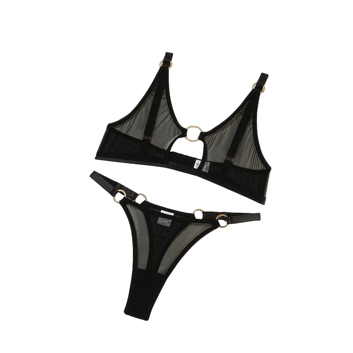 Minimally Designed Underwire Bra Set With Sexy Perspective Mesh And Erotic Lingerie Two Piece - Black - M