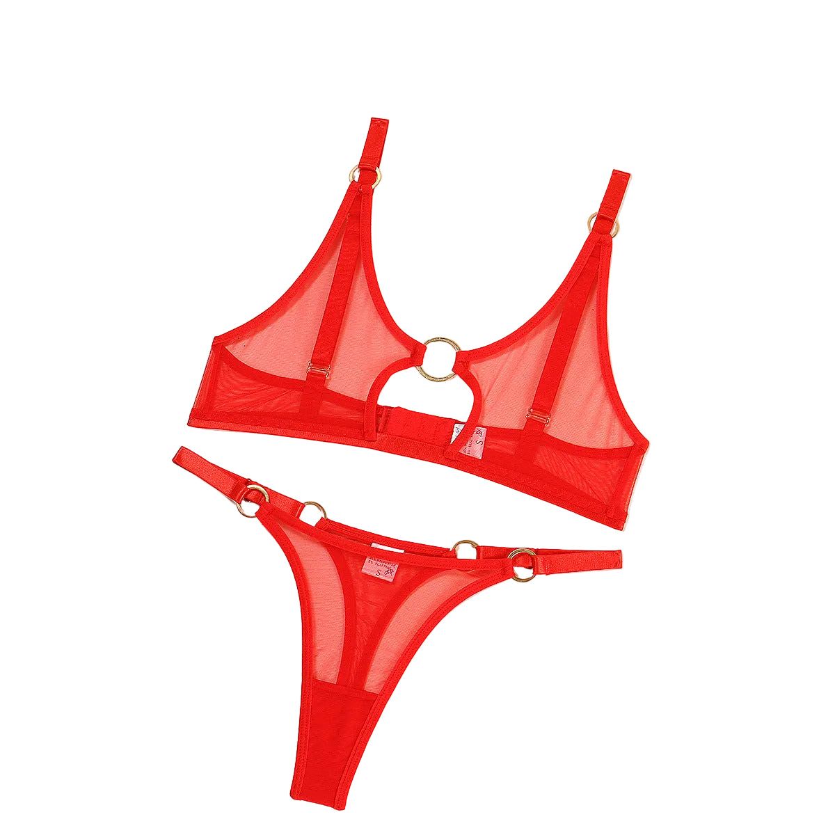 Minimally Designed Underwire Bra Set With Sexy Perspective Mesh And Erotic Lingerie Two Piece - Red - L