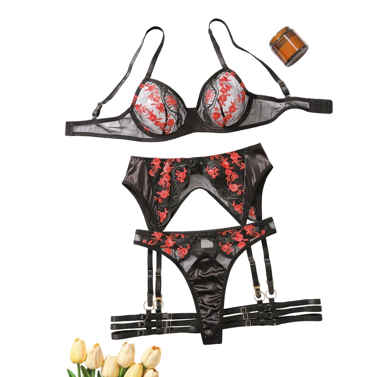 House Of Dasein Mesh Embroidery Splicing Underwear Garter Belt Sexy Four Piece Set - Black And Red - M