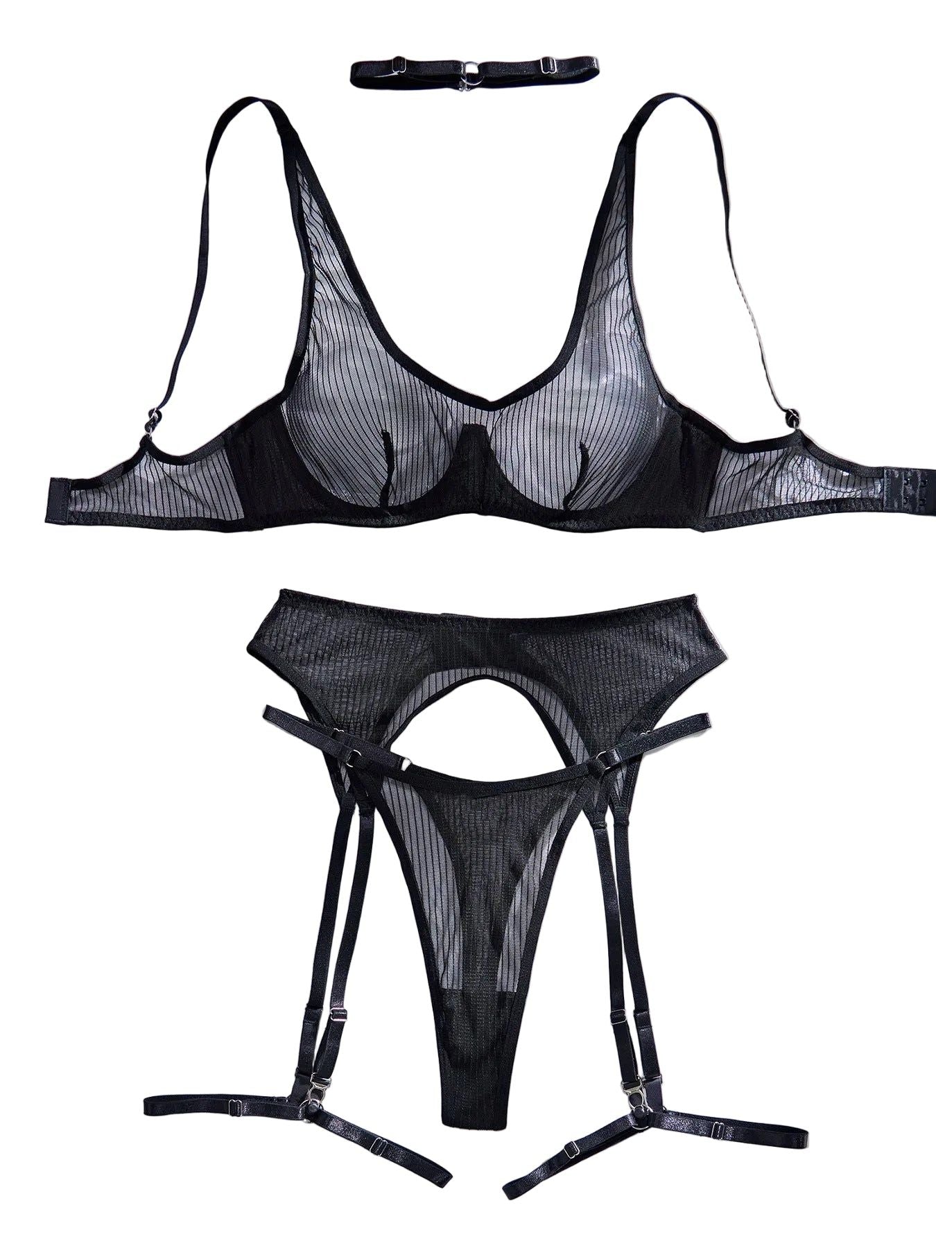 House Of Dasein Vertical Pattern Perspective Mesh Sexy Underwear Garter Belt Leg Ring Set - Large