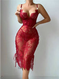 House Of Dasein Lace Hollow Out Red Sexy Chest Exposing Bodycon Lingerie Dress - Wine Red - Xl