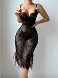 House Of Dasein Lace Hollow Out Red Sexy Chest Exposing Bodycon Lingerie Dress - Black - S