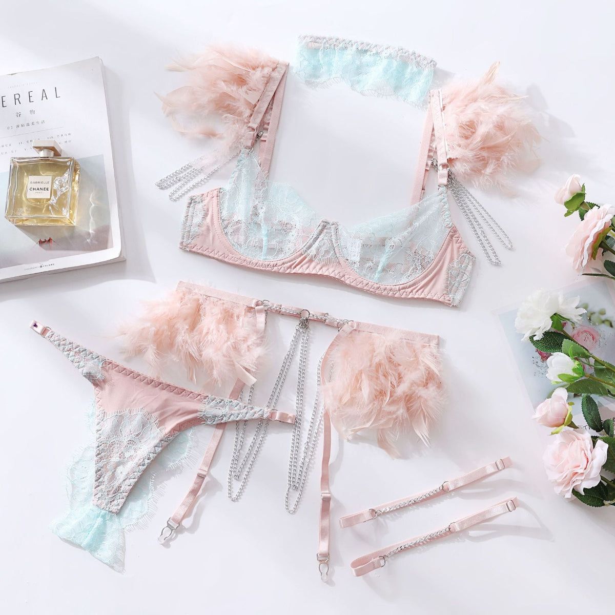 House Of Dasein Feather Sexy Lingerie Lace Chain Bra Set European & American Transparent Mesh Suit - Peach - M