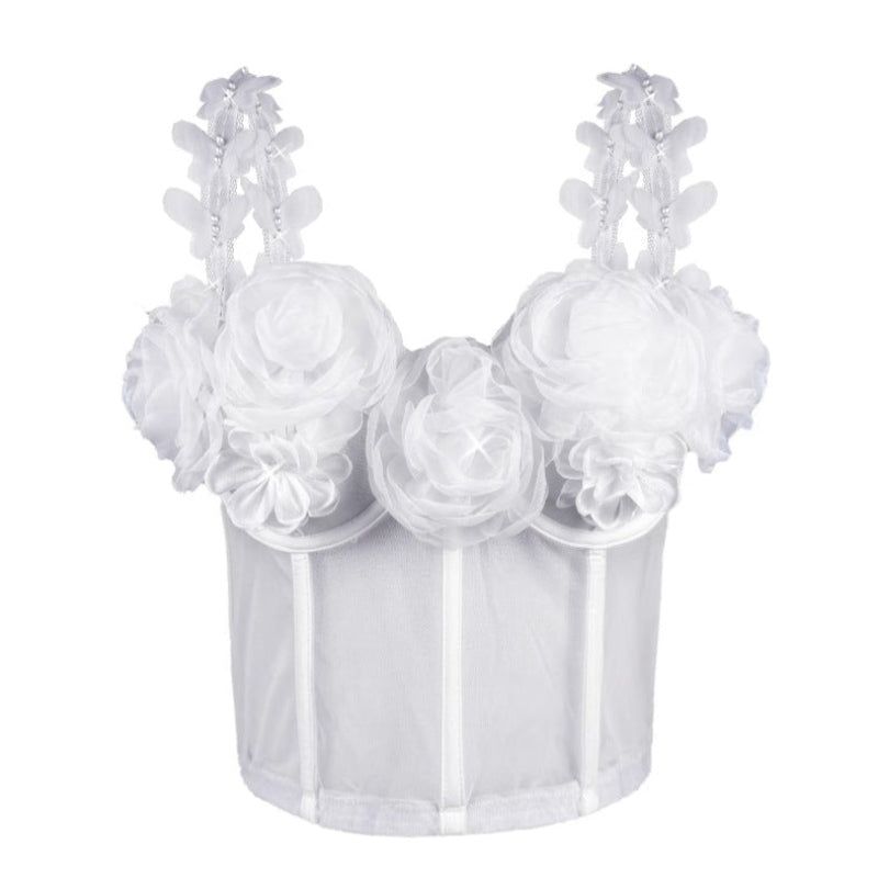 House Of Dasein French Style Charm Strapless Top Women's Outerwear Vintage 3D Pearl Flower Boned Bustier Blouse - White - 38C/85