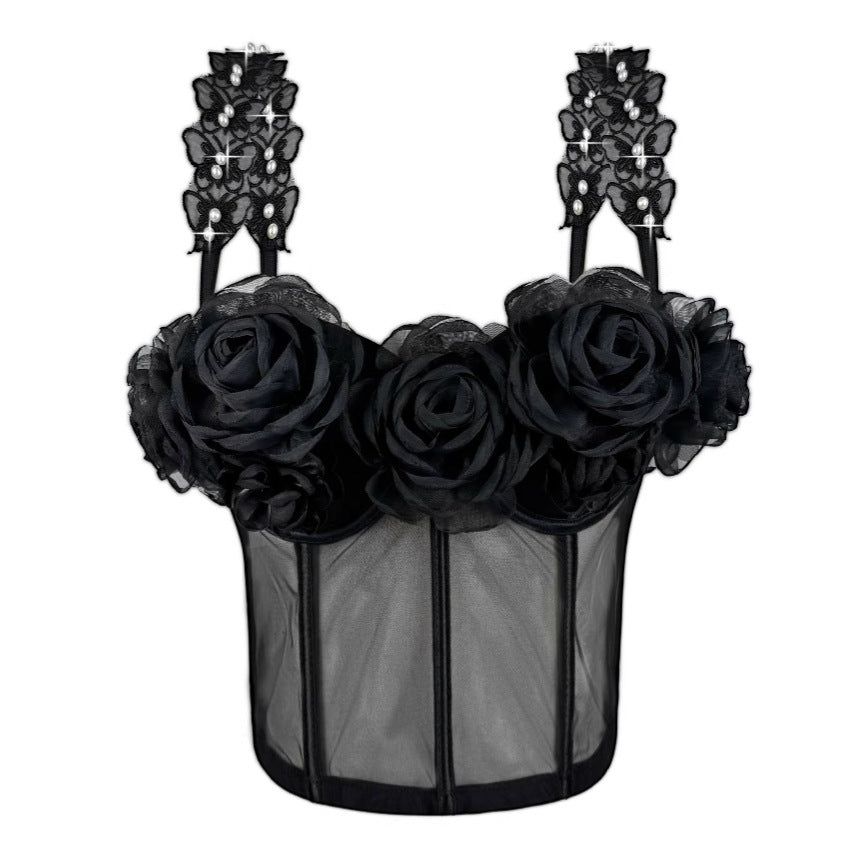 House Of Dasein French Style Charm Strapless Top Women's Outerwear Vintage 3D Pearl Flower Boned Bustier Blouse - Black - 34B/75