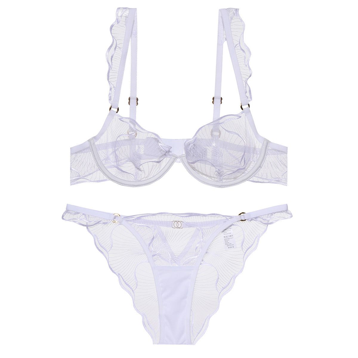 Style Lingerie Sexy Ultra Thin Pure Desire Embroidered Lace Bra Set For Large Breasts And Plus Size - White + Briefs - M