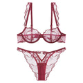 Style Lingerie Sexy Ultra Thin Pure Desire Embroidered Lace Bra Set For Large Breasts And Plus Size - Wine Red + Briefs - S