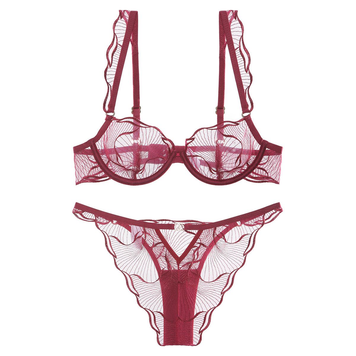 Style Lingerie Sexy Ultra Thin Pure Desire Embroidered Lace Bra Set For Large Breasts And Plus Size - Wine Red + Briefs - L