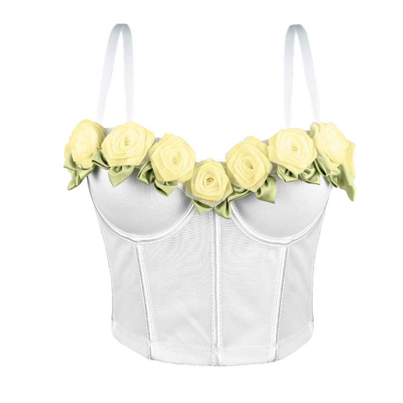 House Of Dasein Sexy French Style High-Grade Strapless Top Rose Mesh Gathered Fishbone Bustier For Women - White - 34B/75